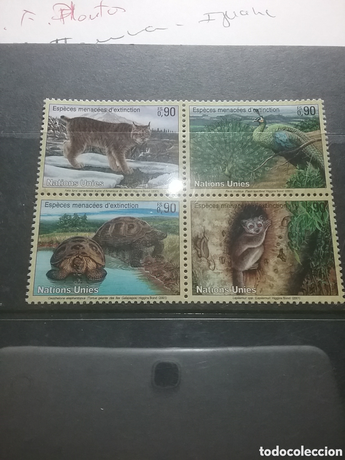 Briefmarken: Sello Ginebra (N. Unidas) nuevo.2001. Especies peligro extincion. Lince, tortuga, Lemus, pavo real.