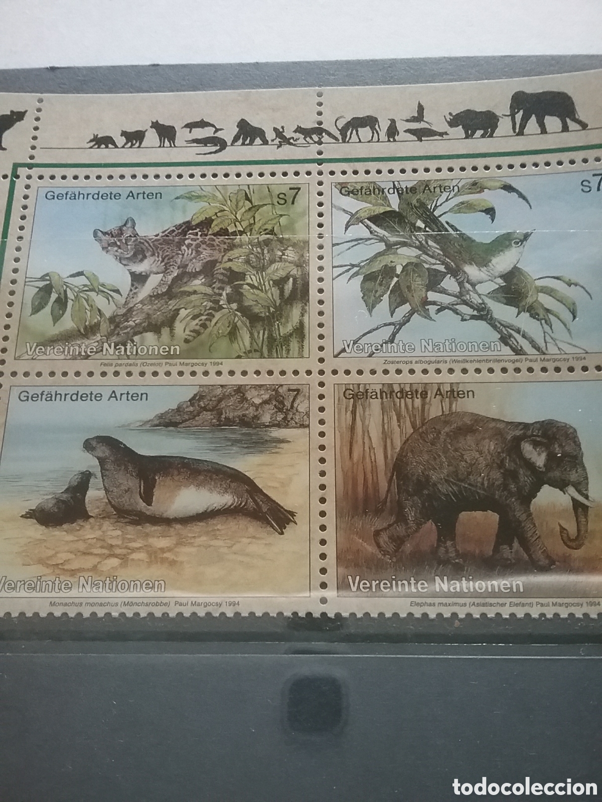 Briefmarken: Sello Viena (N. Unidas) nuevo.1994. Especies peligro extincion. Ocelote. Elefante. Foca monje. Antei
