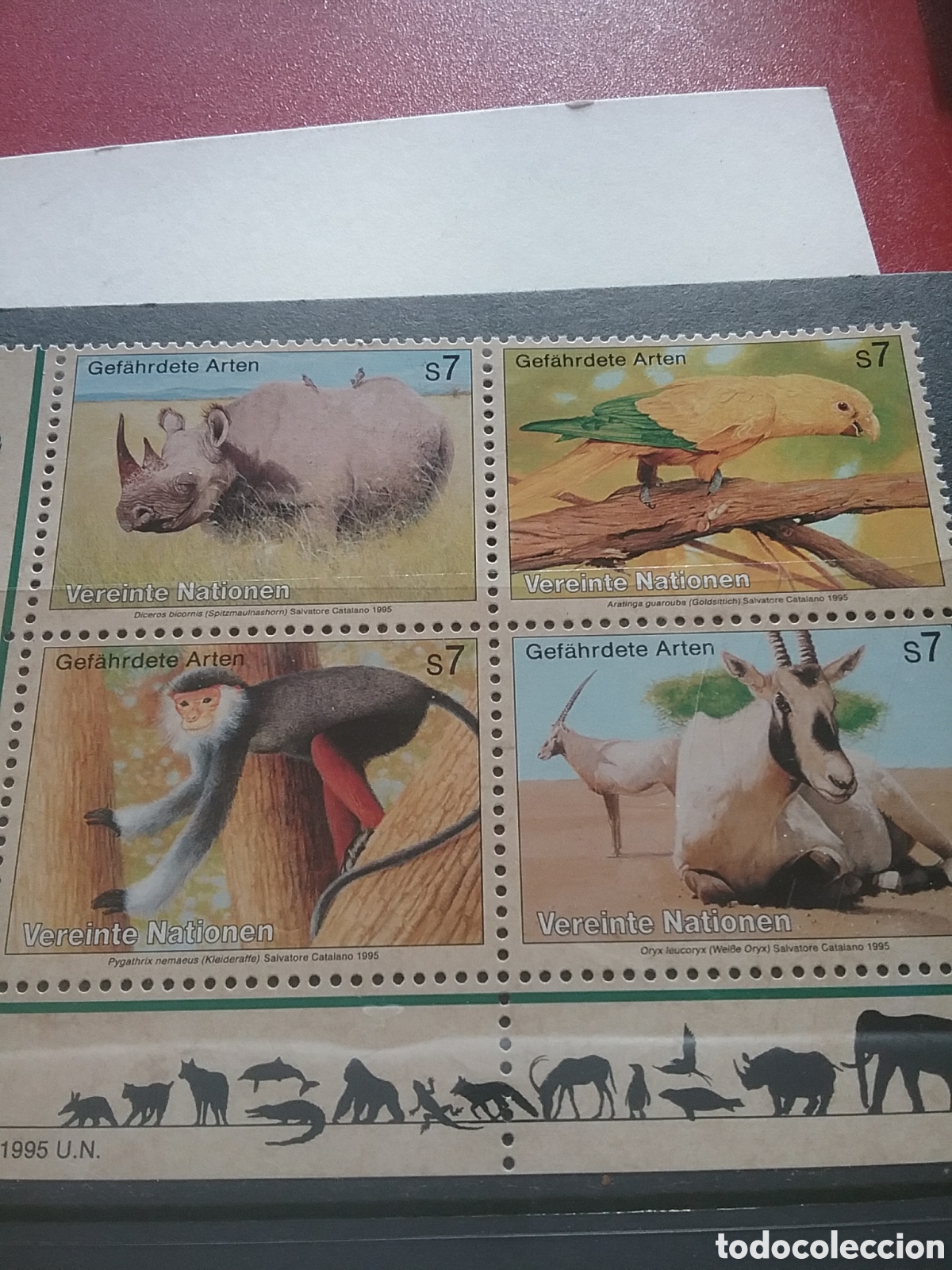 Selos: Sello Viena (N. Unidas) nuevo.1995. Especies peligro extincion. Orice. Periquito. Lamgur. Rinoceront