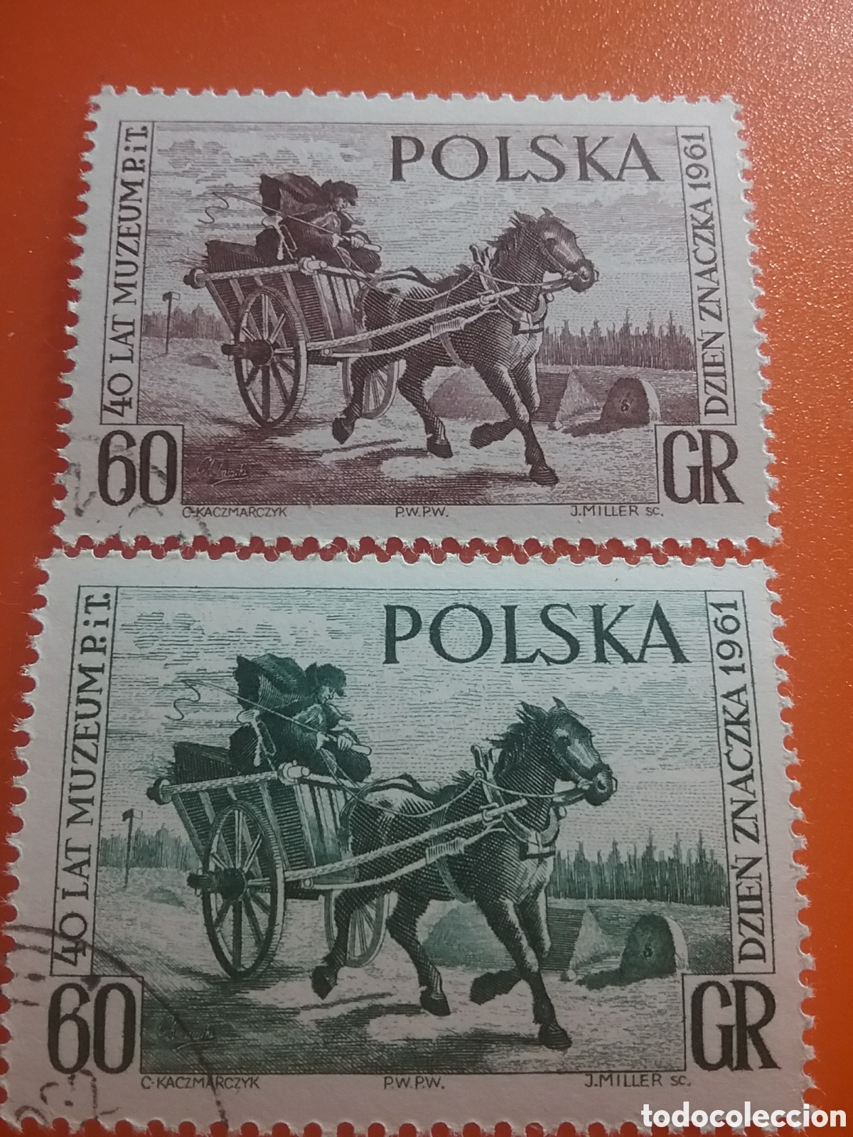 Selos: Sello Polonia (Polska) mtdo 1961. Dia del sello. 40Aniv museo postal. Carruaje. Caballo. Carreta. Ma