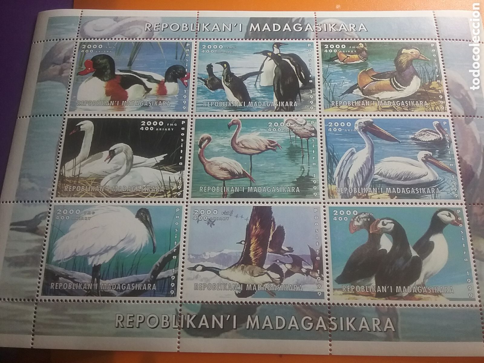 Timbres: HB Madagascar nuevo 1999. Fauna. Aves. Pajaros. Naturaleza. Ping&uuml;ino. Ganso. Pato. Anades.