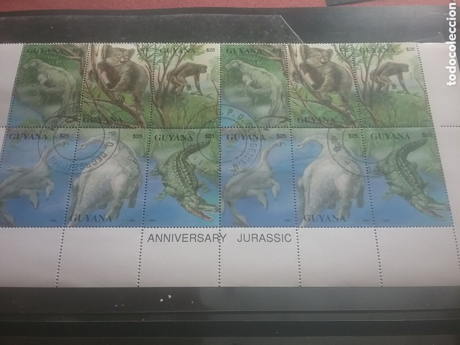 Briefmarken: Sello (2s, 6/8v) Pliego Guayana mtdo 1993. Fauna prehist&oacute;rica. Animales. Dinosaurio. Flora. Naturale