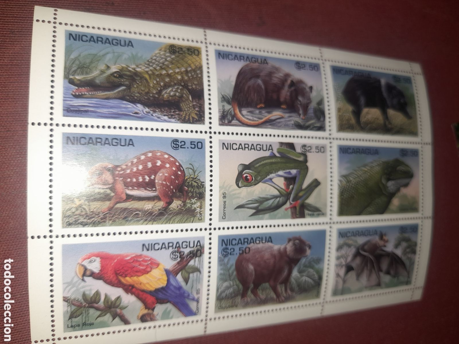 Timbres: HB Nicaragua nuevo 1995. Fauna. Animales salvajes. Aves. P&aacute;jaros. Rana. Guacamayo. Iguana. Cocodrilo