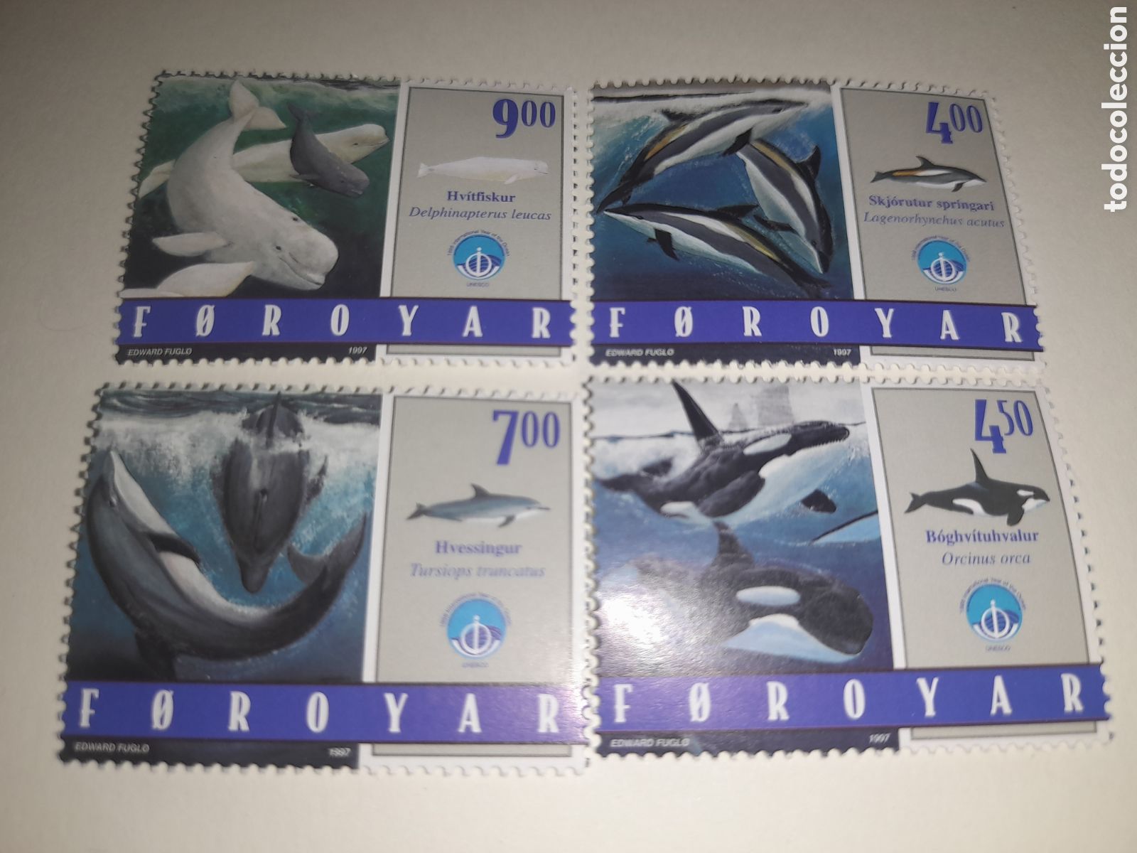 Sellos: Sello Feroe nuevo 1998. A&ntilde;o inter oc&eacute;anos. Beluga. Ballena. Peces. Fauna, vida marina. Delfin