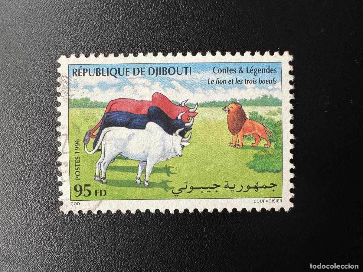 Sellos: Djibouti 1996 Mi. 627 obl. Cuentos y leyendas El le&oacute;n tres bueyes es un felino raro