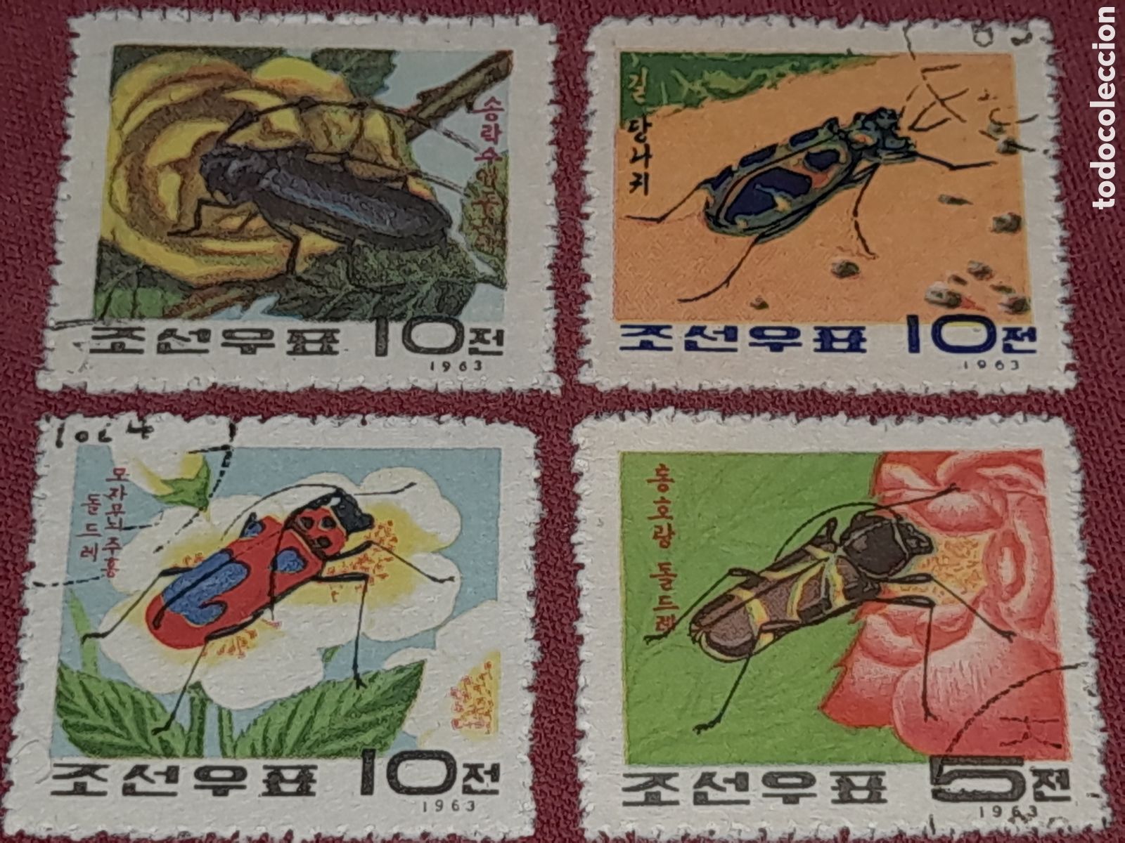 Sellos: Sello Corea NOrta mtdo 1963. Escarabajos. Sin goma. Fauna. Insectos. Cucaracha. Flores. Flora. Natu
