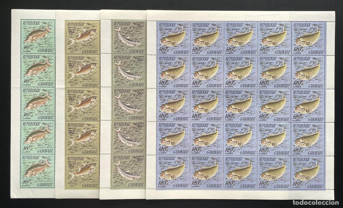 Sellos: Gab&oacute;n 1975 YT 347-350 bloque peces fauna marina Lutjanus Sardinella