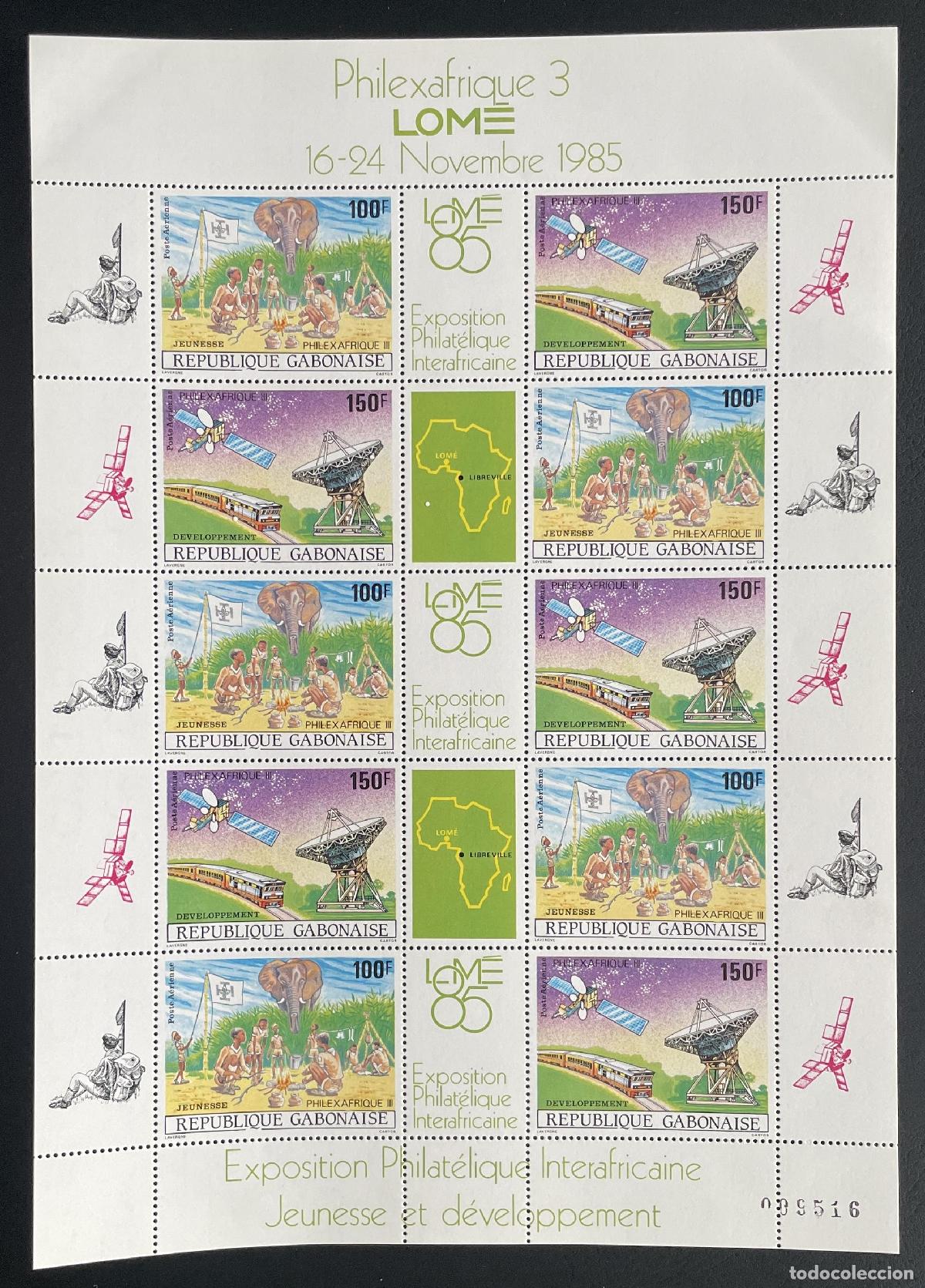 Sellos: Gab&oacute;n 1985 YT PA 271A tabl&oacute;n Philexafrique III Lom&eacute; elefante sat&eacute;lite tren
