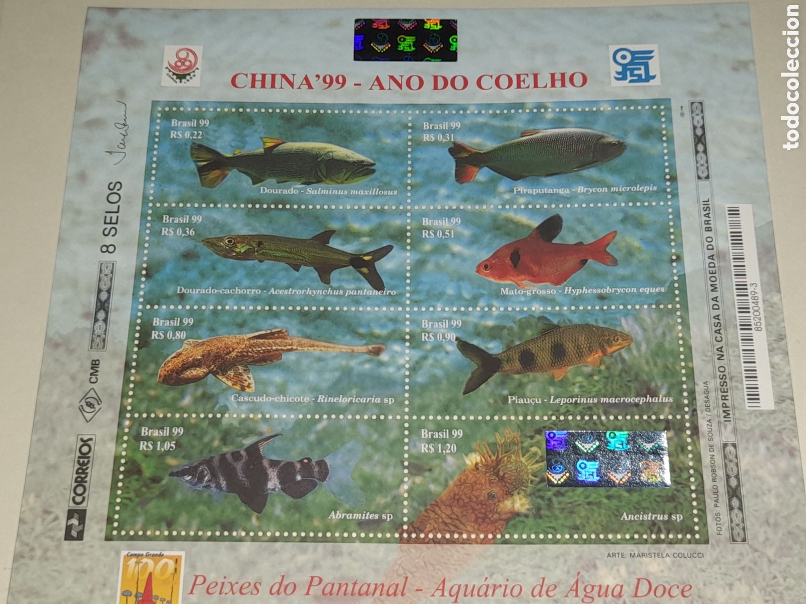 Sellos: HB Brasil nuevo/holograma 1999. Exp Filt Inter. Pek&iacute;n,99. Peces, pescado. Fauna. Corales. Acuario