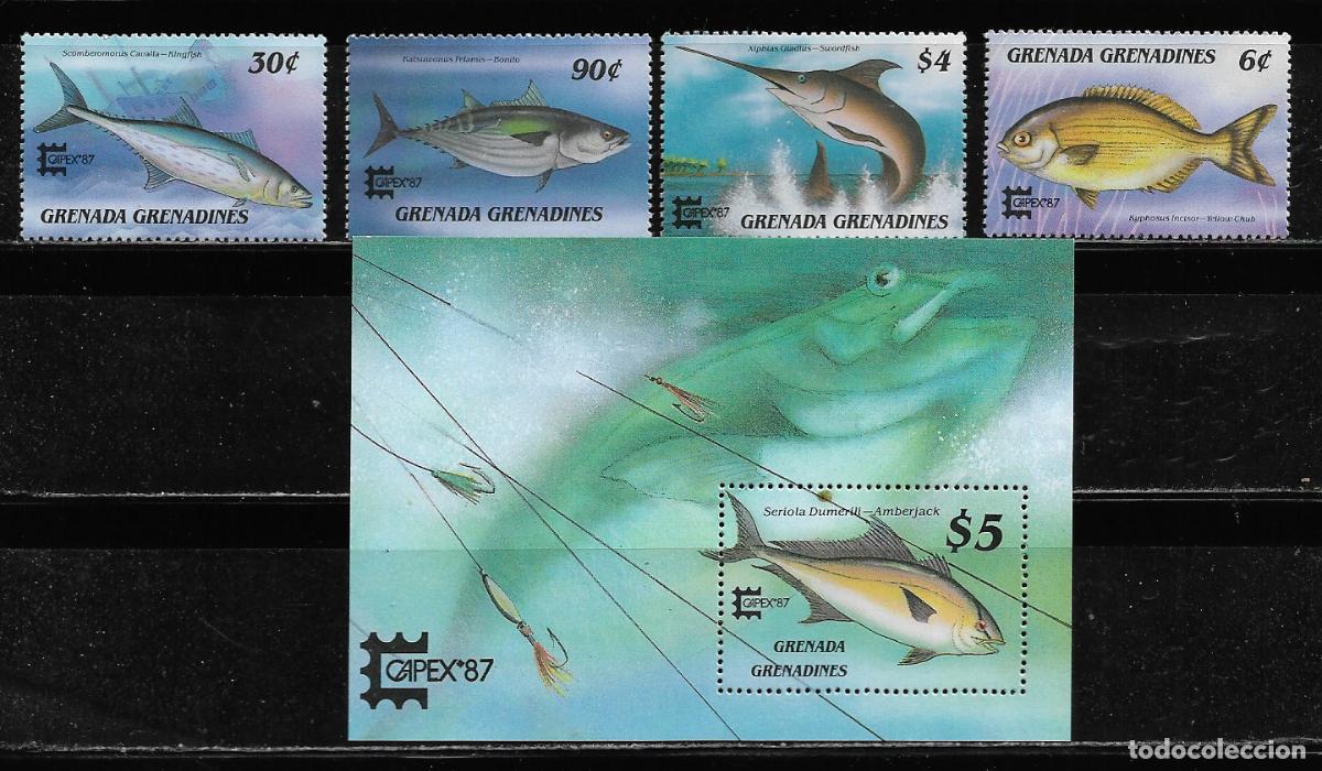 Sellos: GRENADA GRENADINES 1987, Ivert 769/71 + HB. 134 - FAUNA -.PECES. MNH.