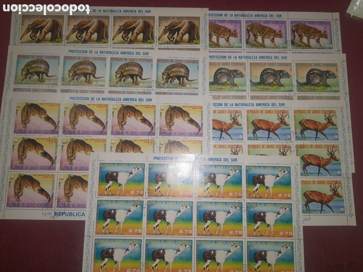 Sellos: Sello, 7 pliego G. Ecuatorial mtdo 1977. Fauna Am&eacute;rica Sur. Perezoso. Simios. Llama. Oso. Armadillo.