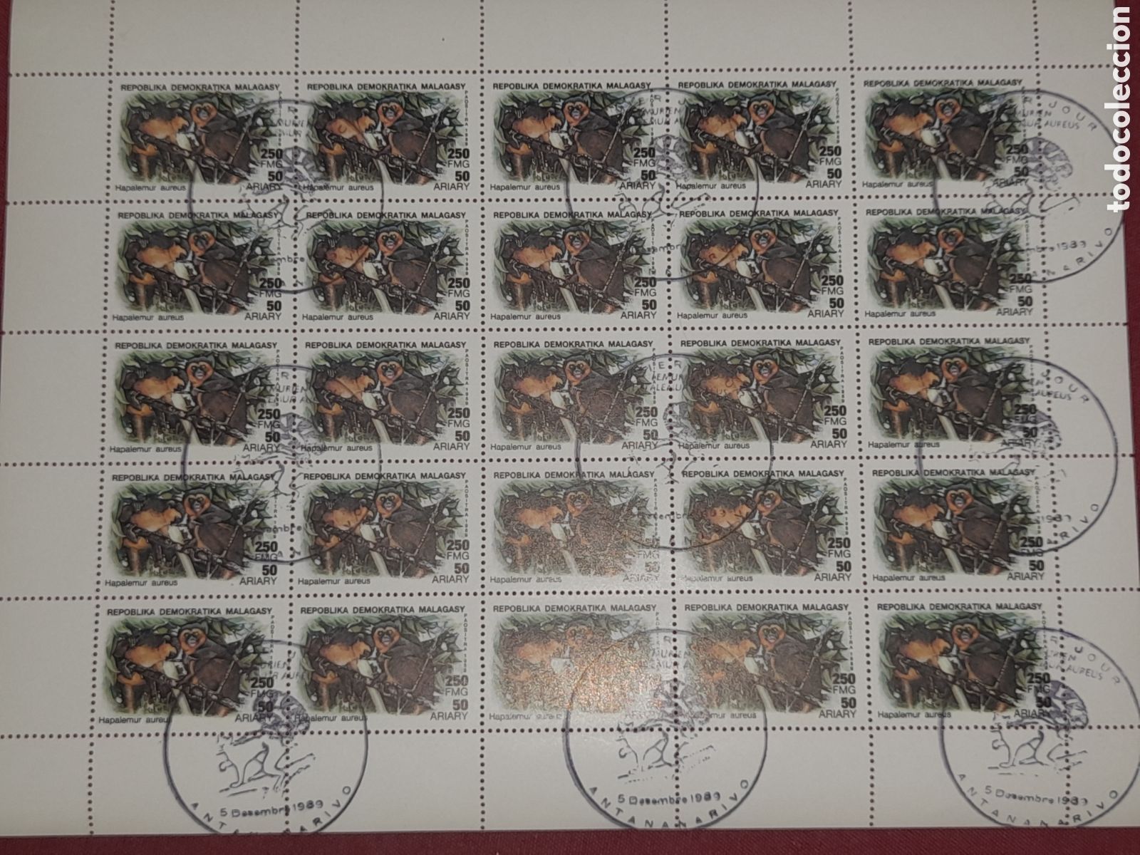 Sellos: Sello, 1 pliego Madagascar mtdo 1989. Lemus dorado. Animales salvajes. Fauna. Simio. Mono. Mam&iacute;fero.