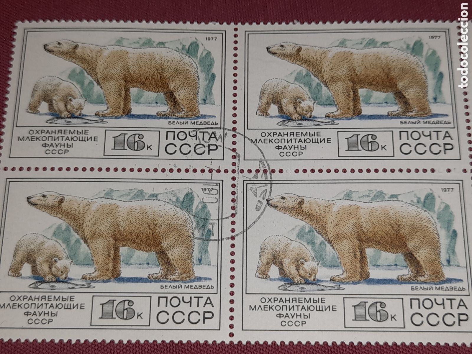 Sellos: Sello (1/8v) Rusia mtdo 1977. Fauna. Animales salvajes. Oso polar. Mam&iacute;feros. Osepno. Peces. Pescado