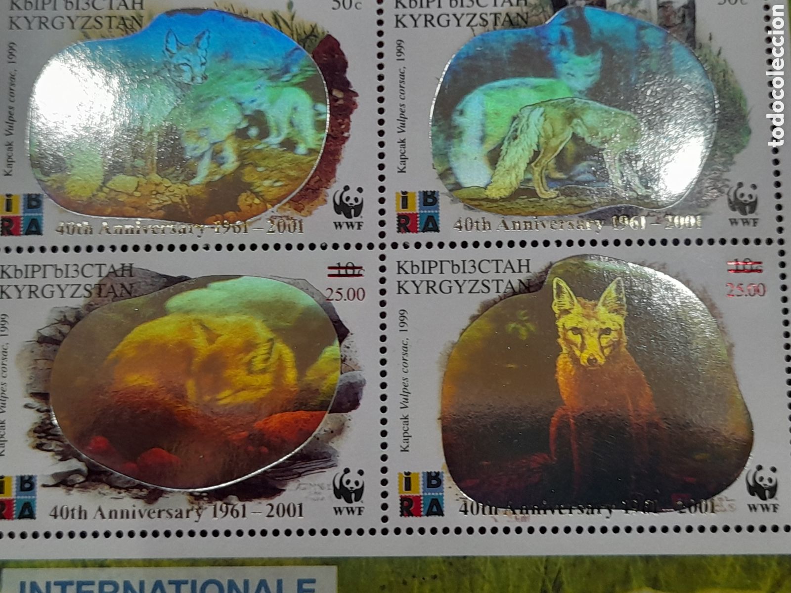 Sellos: Sello Kirquistan nuevo/holo 1999. Exp Filt Inter. Ibra,99. Zorro. Perros. Fauna. Animales. Mam&iacute;feros