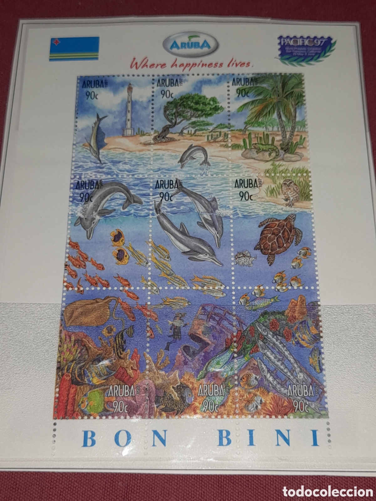 Sellos: Sello Aruba nuevo 1997. Exp Filt Inter. S. Francisco. Fauna, vida marina. Delf&iacute;n. Pescado. Faro. Flo