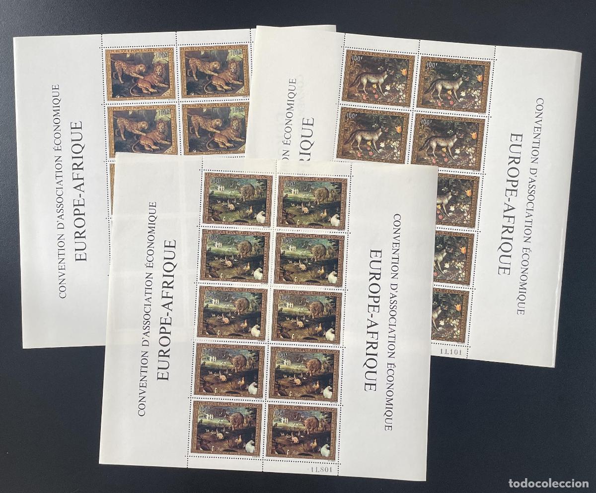 Sellos: Congo 1973 YT PA 171-173 tabl&oacute;n Europa/&Aacute;frica fauna tigre lobo elefante