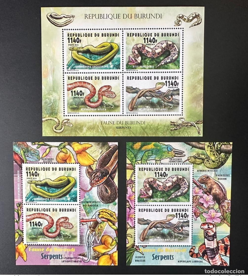 Sellos: Burundi 2014 Mi. 3382 - 3385 Bl. 432 434 Serpientes Schlangen fauna