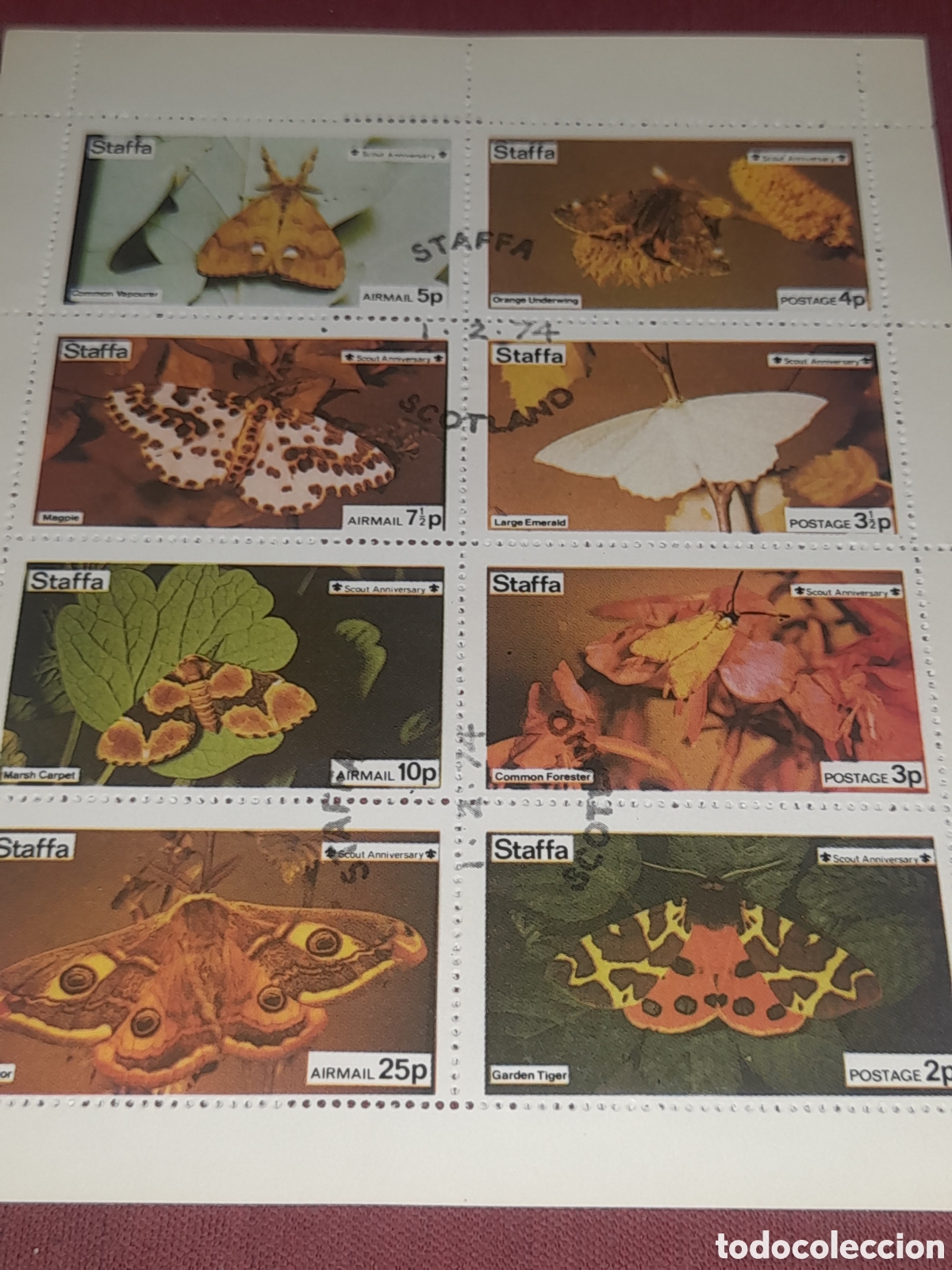 Sellos: HB Staff, Escocia mtado/eL/no UPU 1974. Mariposa. Insecto. Polilla. Fauna. Animales.