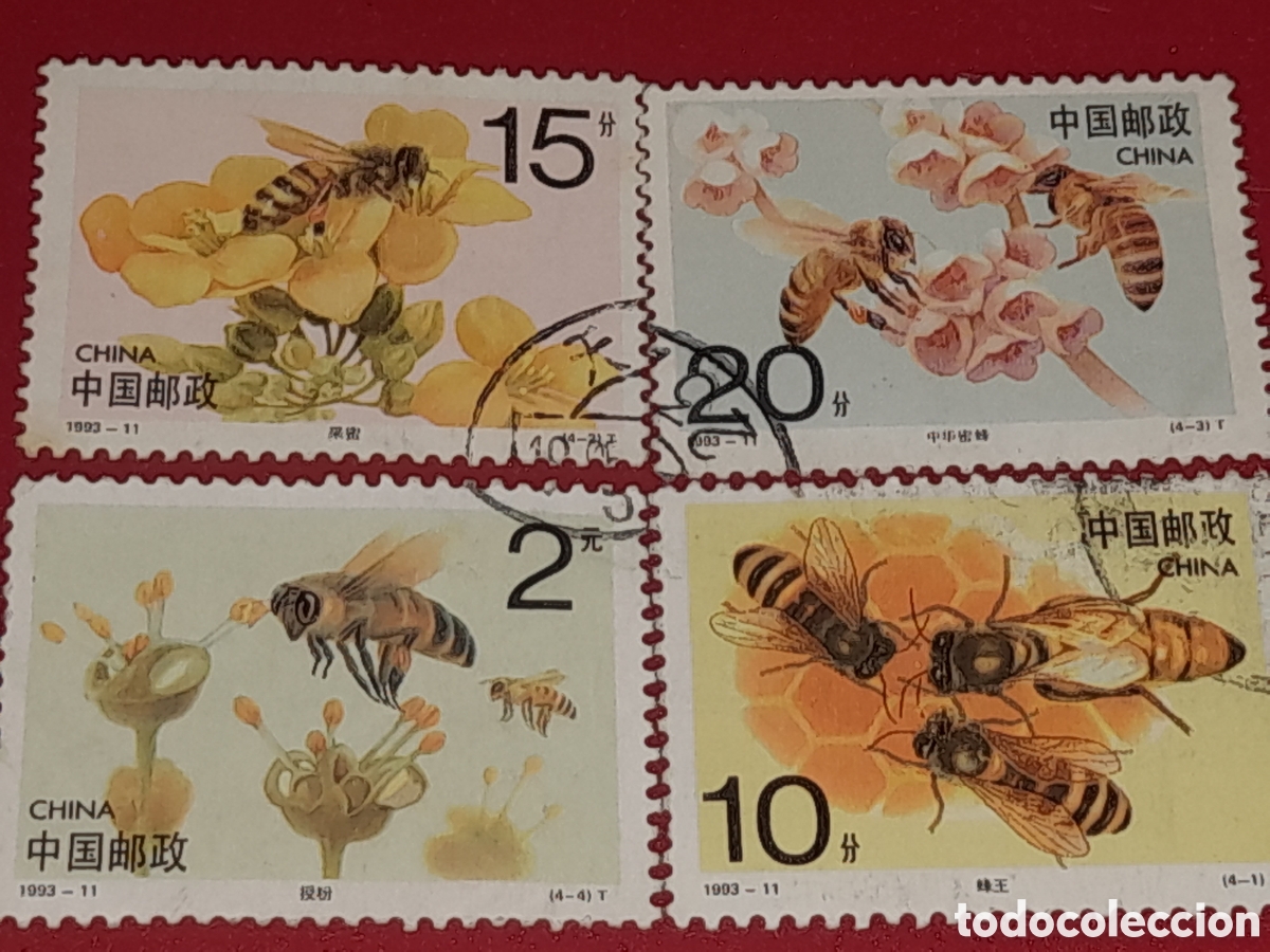 Sellos: Sello China mtdo 1993. Insectos. Abejas melliferas. Animales salvajes. Fauna. Avispa. Flores. Flora