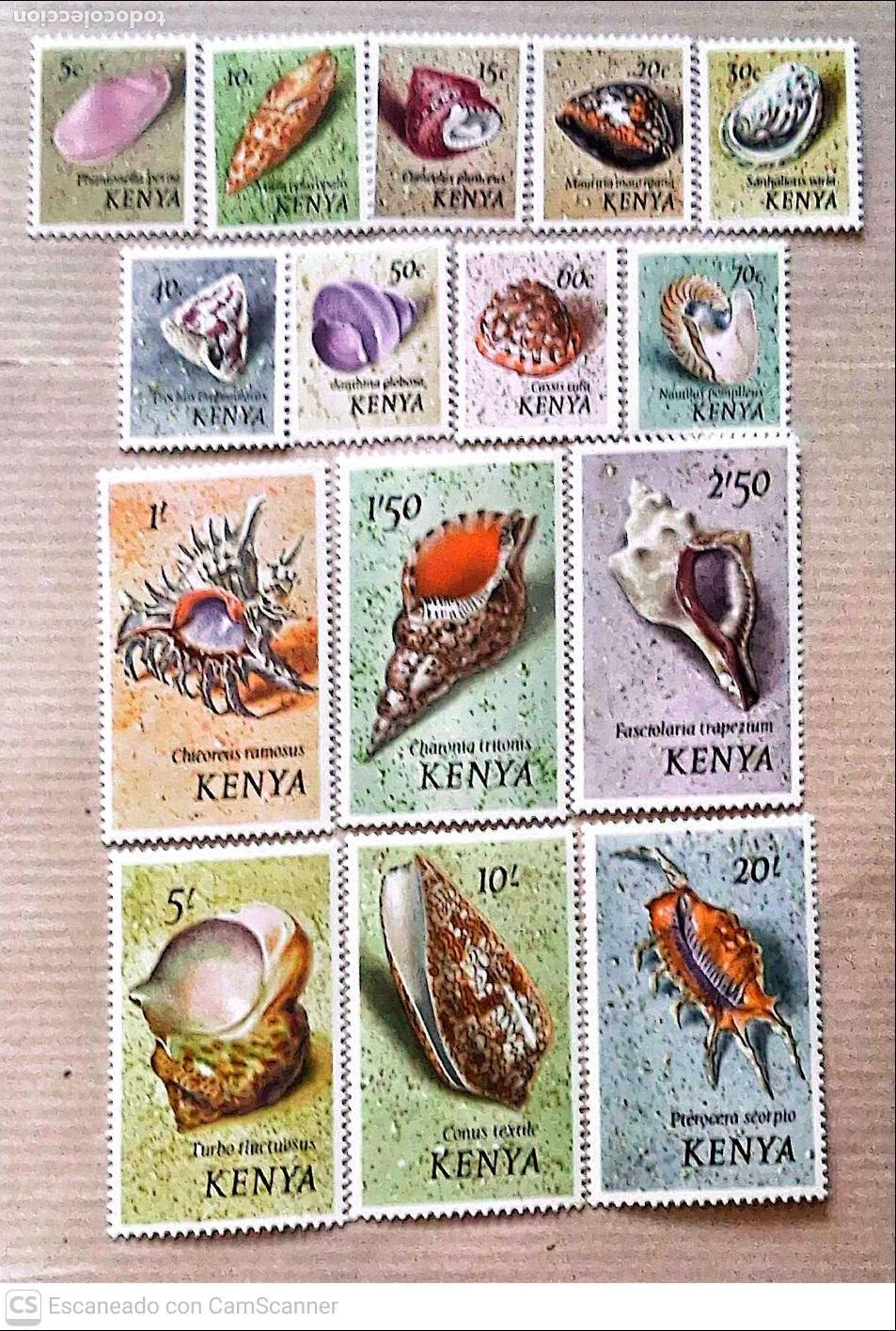 Sellos: Kenya. 34/48 Serie b&aacute;sica: Conchas. 1971. Sellos nuevos y numeraci&oacute;n Yvert.