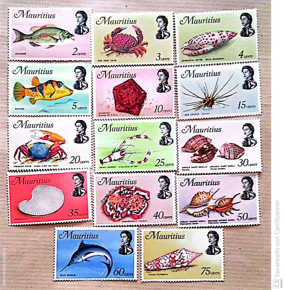 Sellos: Mauricio. 329/342 Serie b&aacute;sica. Isabel II y fauna marina. 1969. Sellos nuevos y numeraci&oacute;n Yvert.