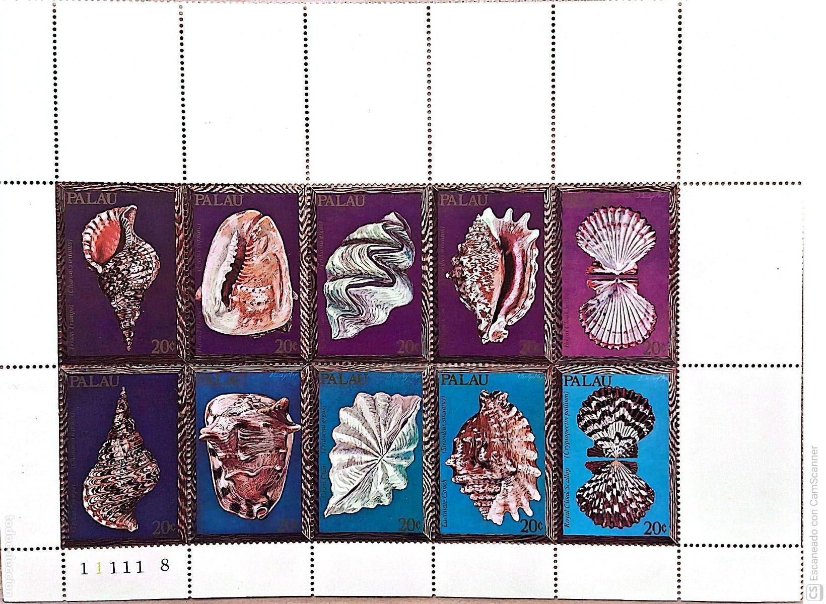 Sellos: Palau. 32/41 Fauna marina: Conchas, en bloque de 10 sellos. 1984. Sellos nuevos y numeraci&oacute;n Yvert.