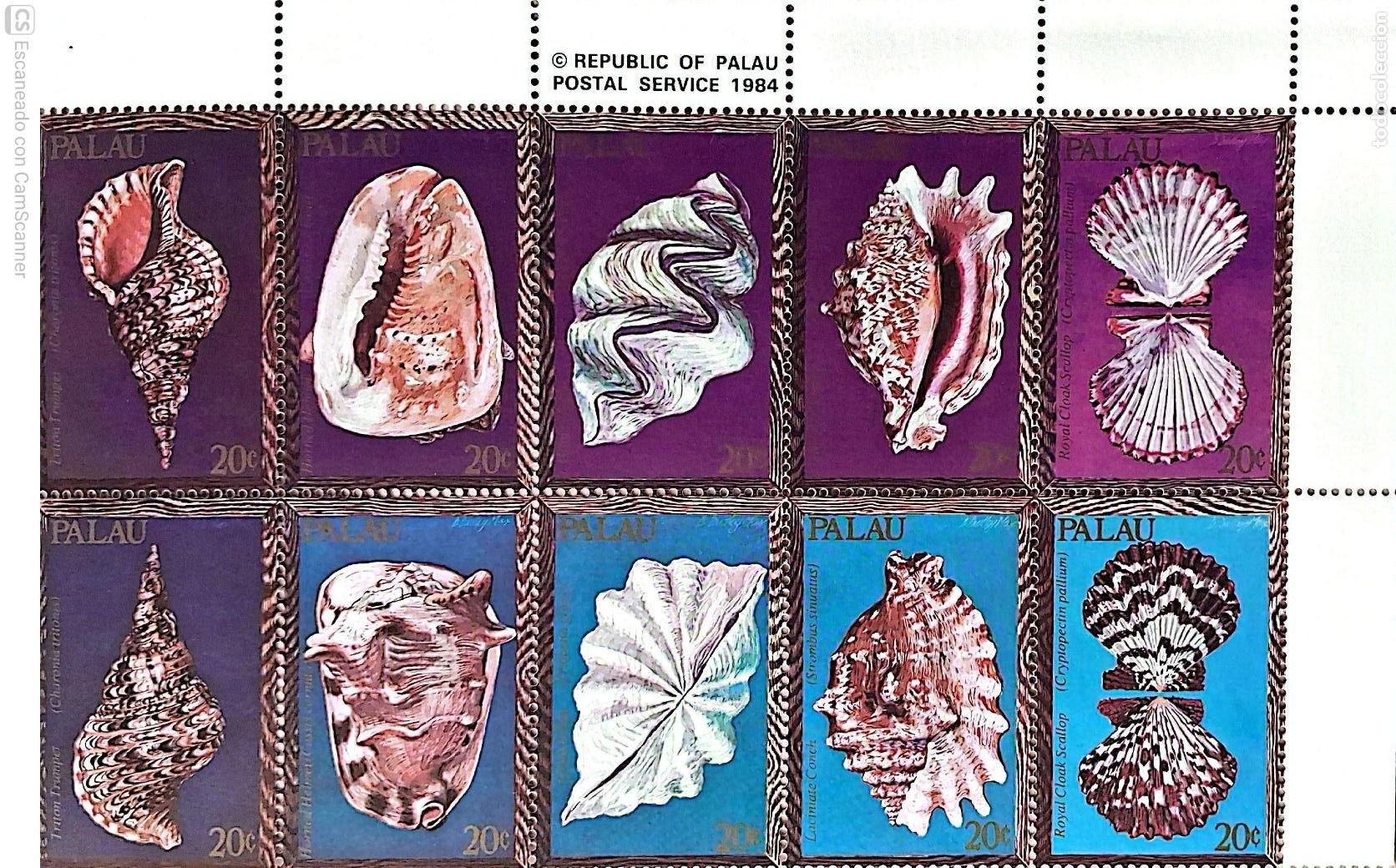 Sellos: Palau. 32/41 Fauna marina: Conchas, en bloque de 10 sellos. 1984. Sellos nuevos y numeraci&oacute;n Yvert.