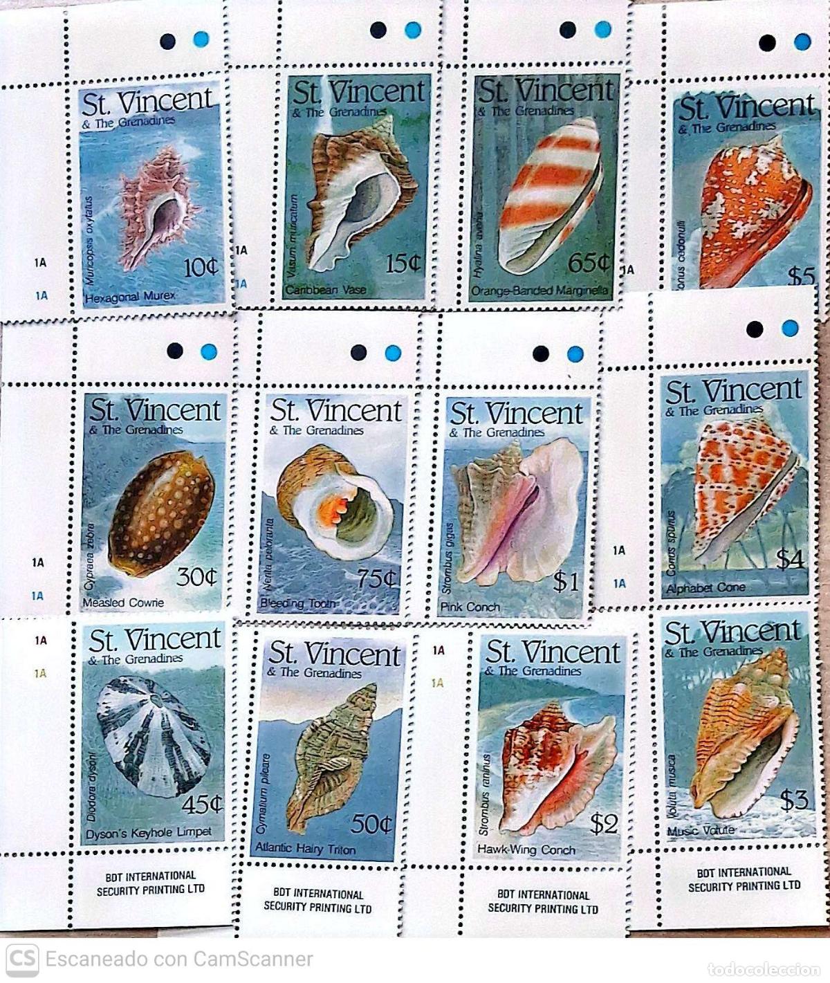 Sellos: San Vicente. 1695/98, 1890/93 y 1971/74 Fauna Marina: Conchas (I), (II) y (III). 1993. Sellos nuevos
