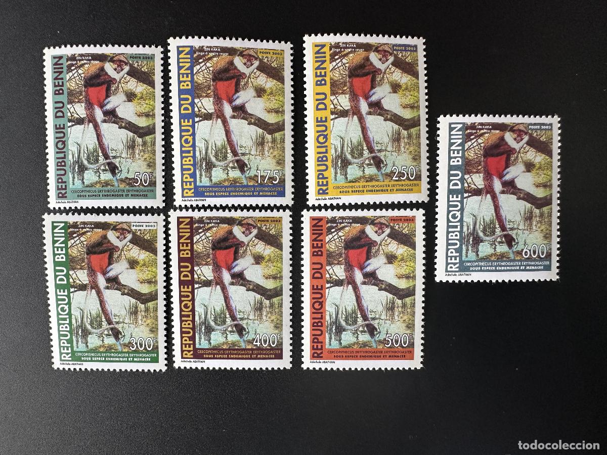 Sellos: Benin 2003 Mi. 1356 - 1362 Especies end&eacute;micas Mono de vientre rojo Fauna monos simios