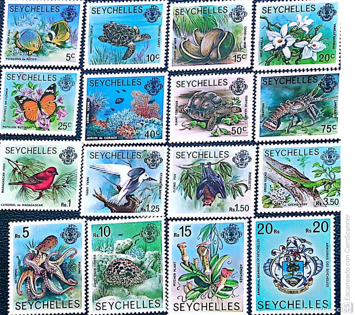 Sellos: Seychelles. 372/87 Serie b&aacute;sica. Fauna y Flora. 1977. Sellos nuevos y numeraci&oacute;n Yvert.