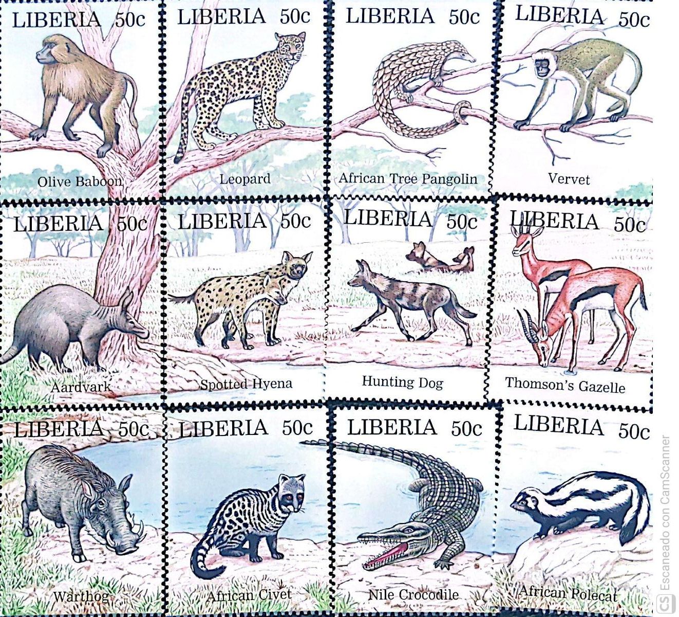 Sellos: Liberia. 1434/45 Fauna. Vida salvaje: Babuino, leopardo, pangol&iacute;n, hiena, licaon, gacela, cocodrilo&hellip;