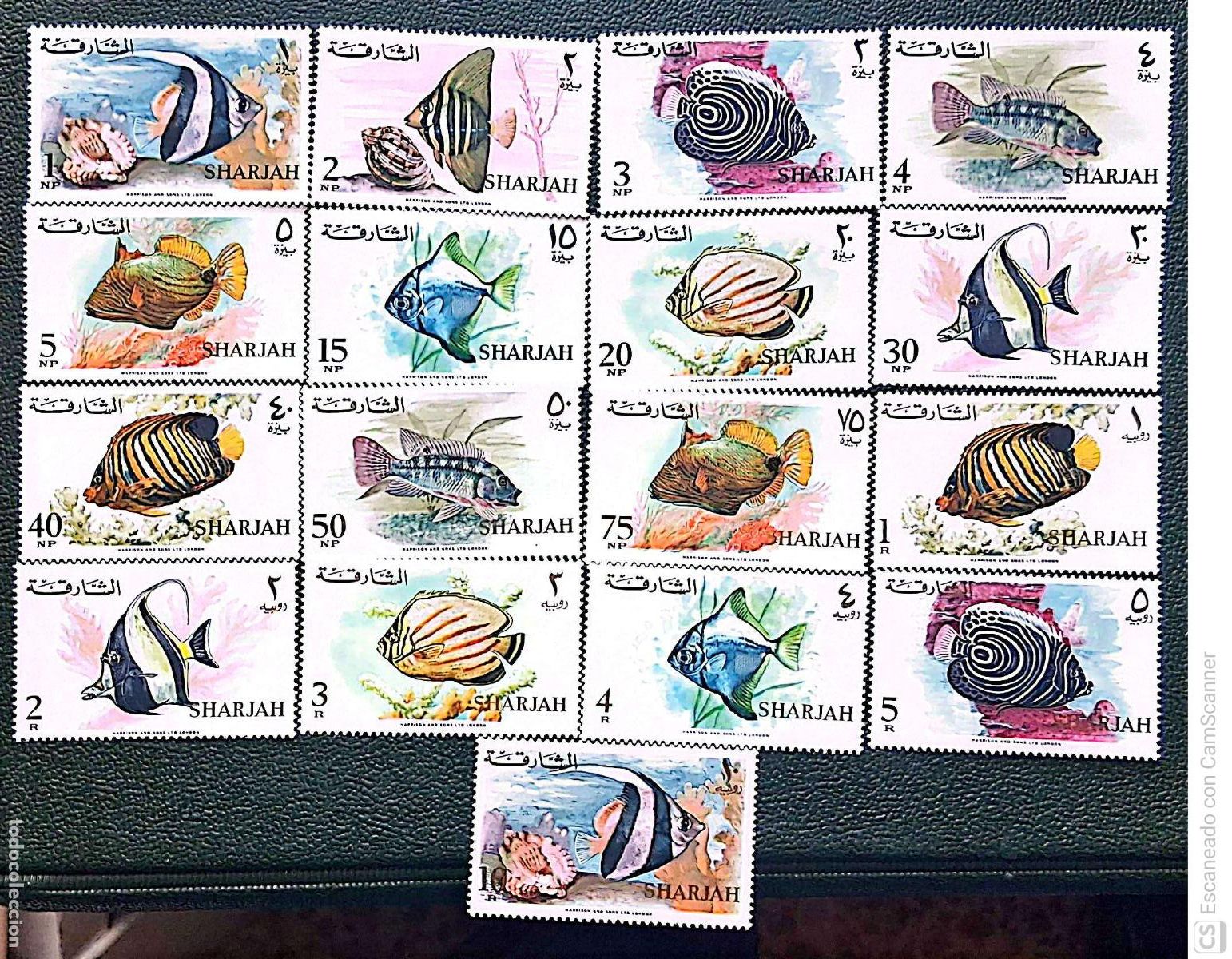 Sellos: Sarjah. 149/165 Fauna: Peces de los mares calientes. 1966. Sellos nuevos y numeraci&oacute;n Yvert.