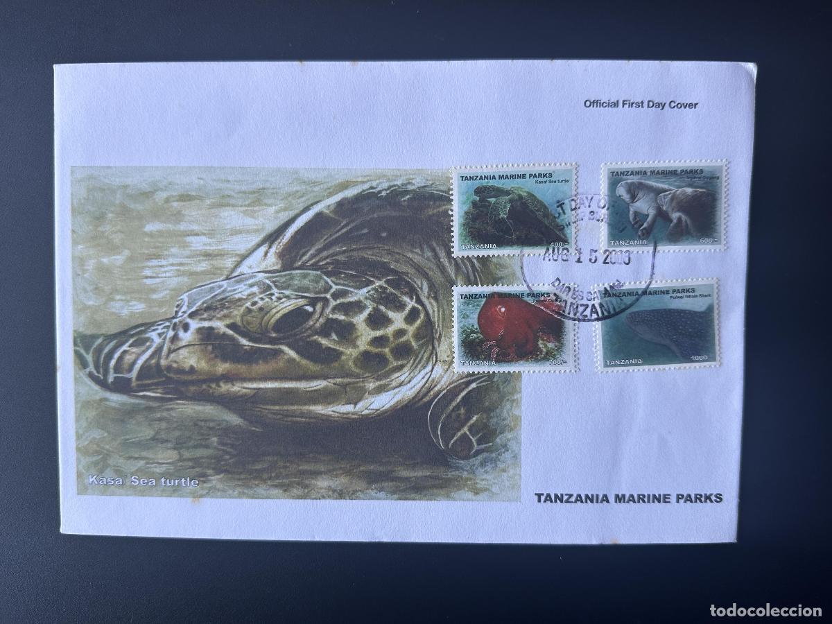 Sellos: Tanzania 2008 Mi. 4571 - 4574 FDC primer d&iacute;a parques marinos tortuga tibur&oacute;n