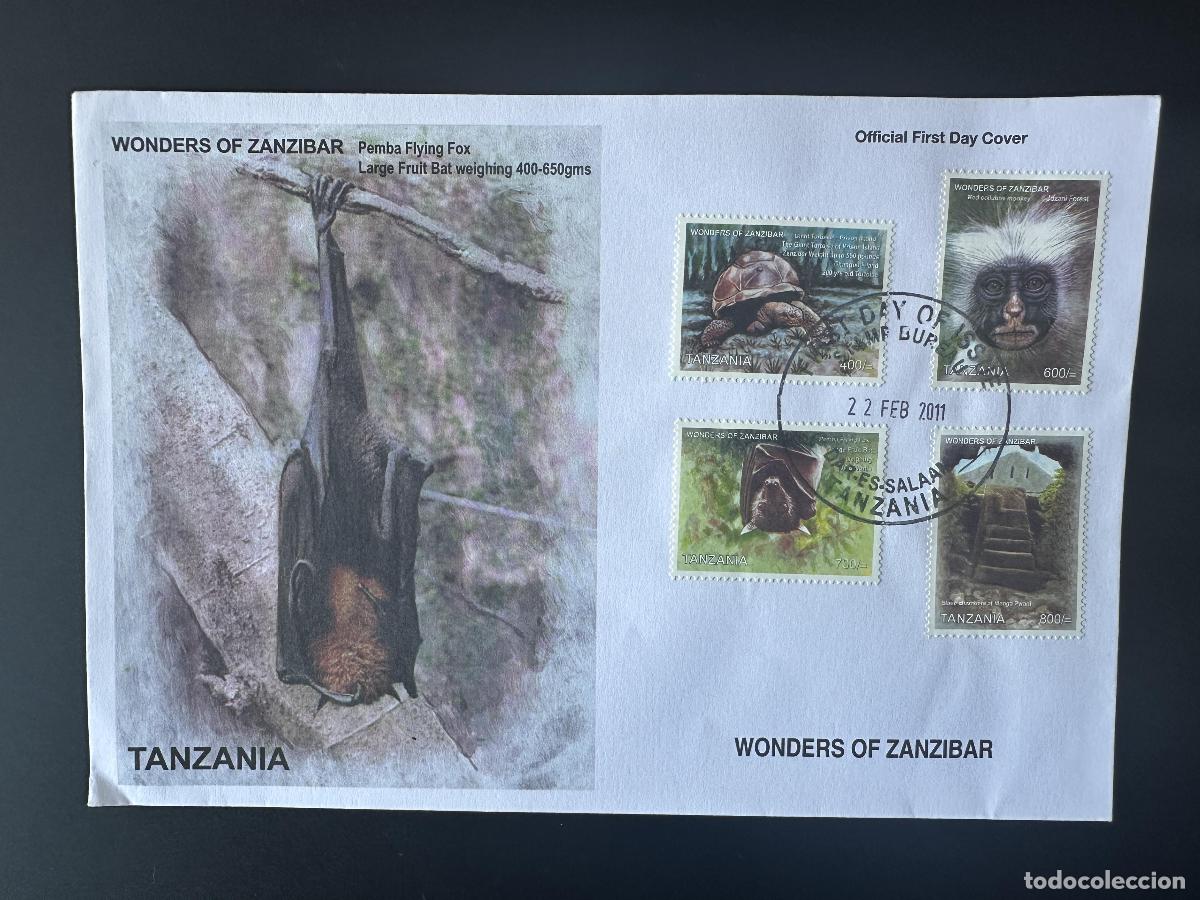 Sellos: Tanzania 2011 Mi. 4806 - 4809 FDC Primer d&iacute;a Zanz&iacute;bar tortuga mono murci&eacute;lago