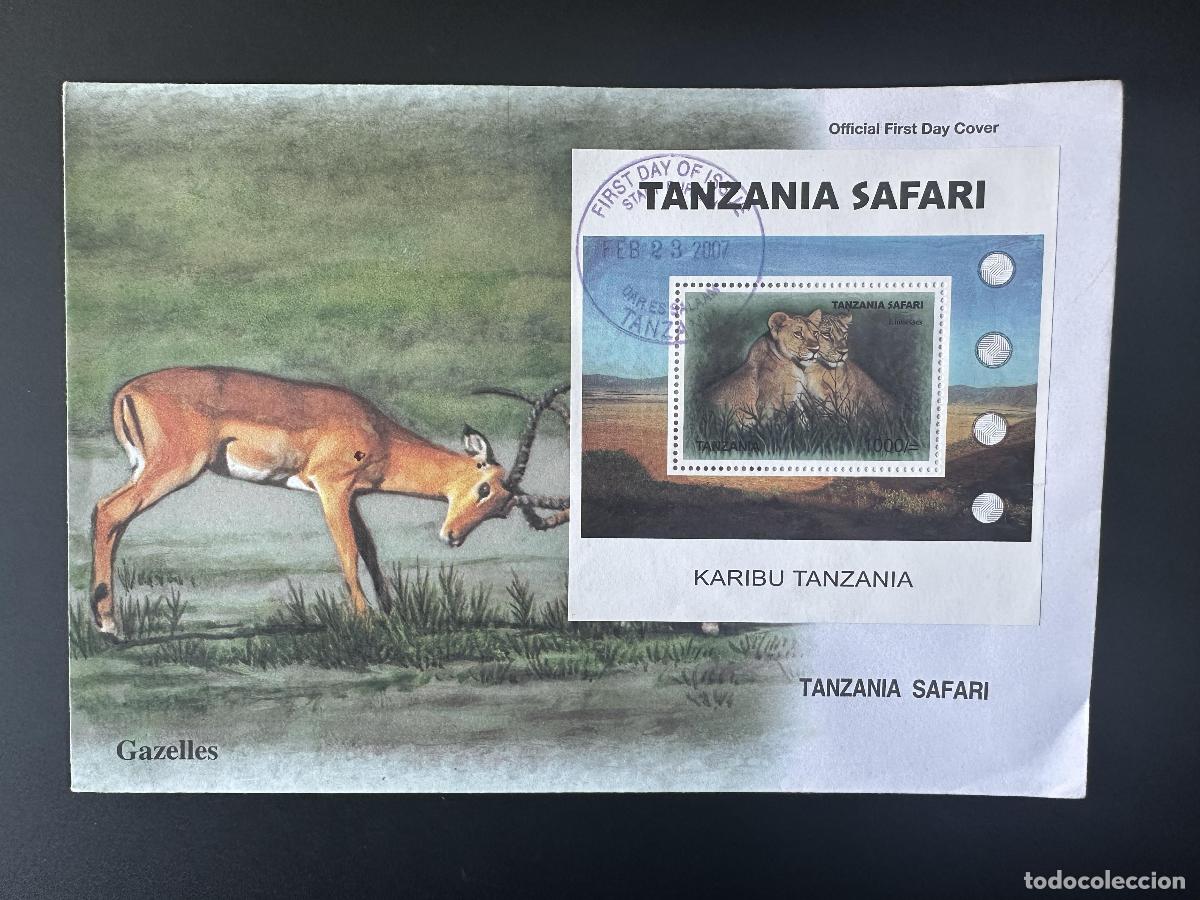 Sellos: Tanzania 2007 Mi. Bl. 602 FDC primer d&iacute;a safari le&oacute;n fauna l&ouml;we gacela