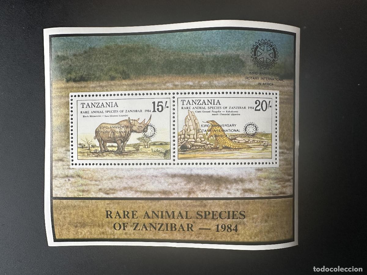 Sellos: Tanzania 1988 Mi. Bl. 73 sobrecargado Pangolin Rhinoceros Rotary Club International