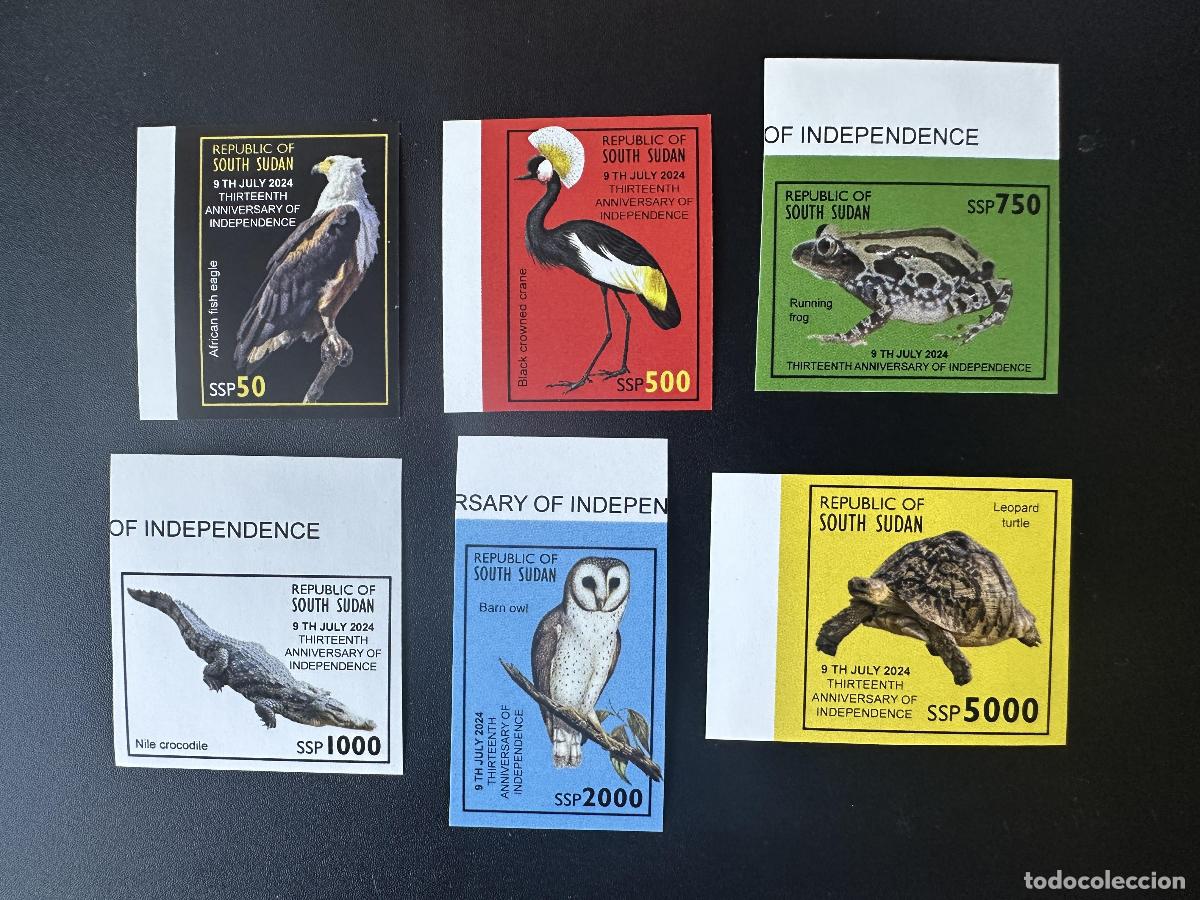 Sellos: Sud&aacute;n del Sur 2024 Mi. 35 - 40 ND Fauna Birds Prey Frog Owl V&ouml;gel