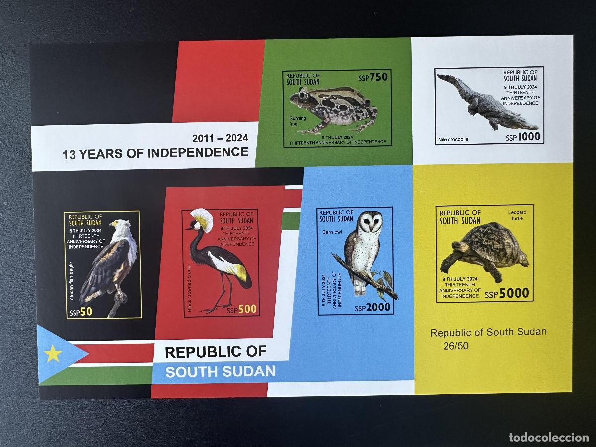 Sellos: Sud&aacute;n del Sur 2024 Mi. Bl. 3 ND Fauna: aves rapaces ranas b&uacute;hos p&aacute;jaros V&ouml;gel