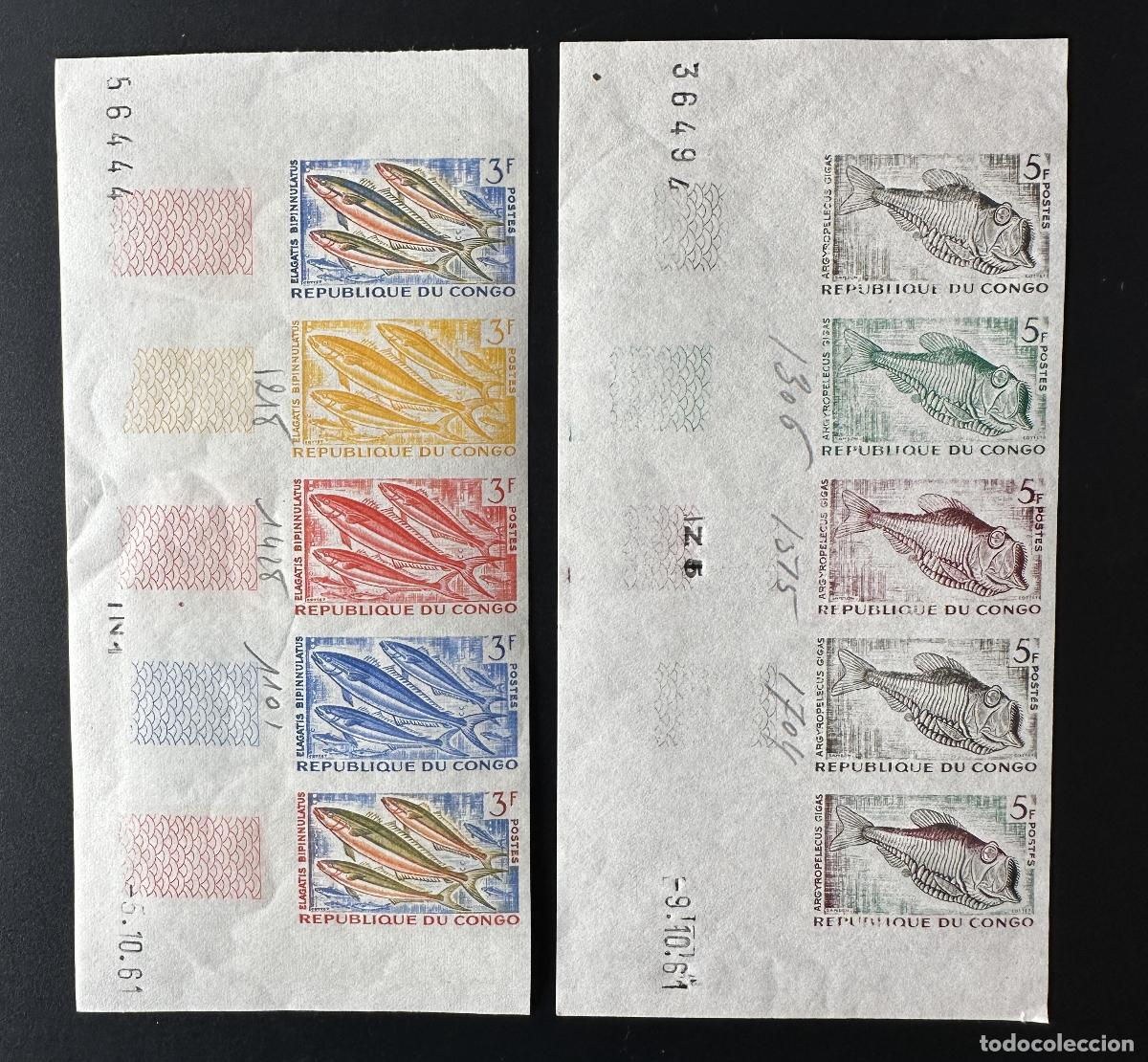 Sellos: Congo Brazza 1961 Mi. 13 - 14 pruebas de color fechadas ND Fish Fishes marine