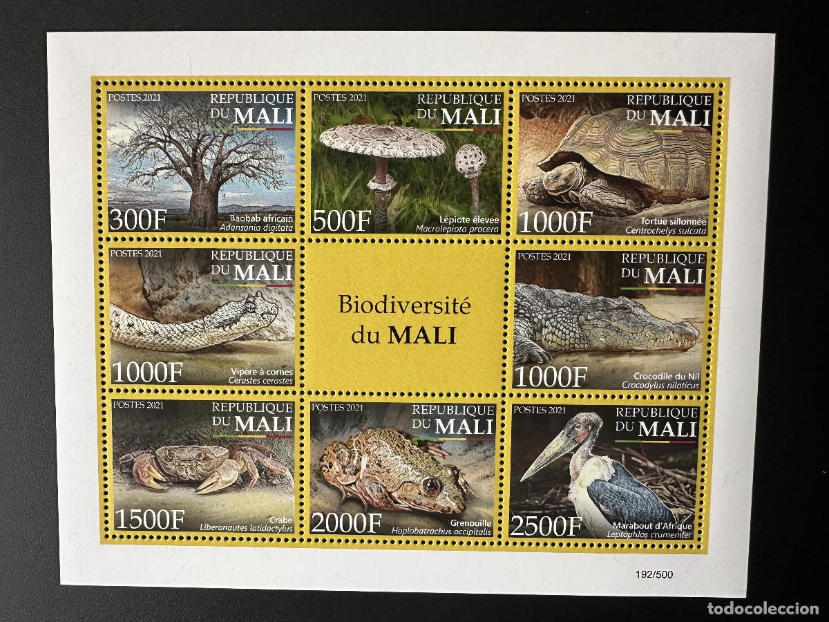 Sellos: Mali mayo de 2021.? M/S: Biodiversidad fauna hongos cangrejos serpientes tortugas aves