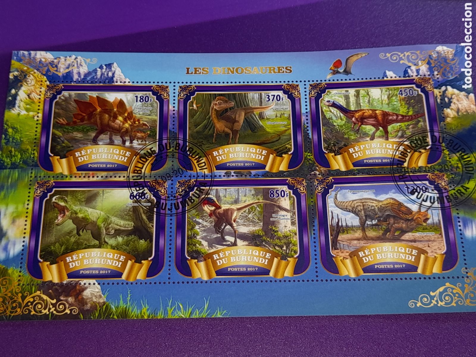 Sellos: HB Burundi mtdo 2017. Animales prehist&oacute;ricos. Dinosaurios. Fauna. Mesozoico.
