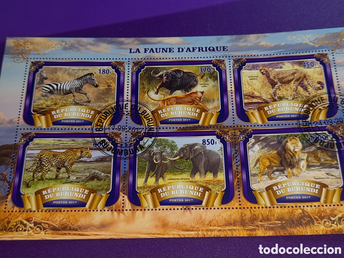 Sellos: HB Burundi mtdo 2017. Animales salvajes. Fauna sabana. Elegante. Le&oacute;n. Cebra. Pantera. B&uacute;falo. Mamif