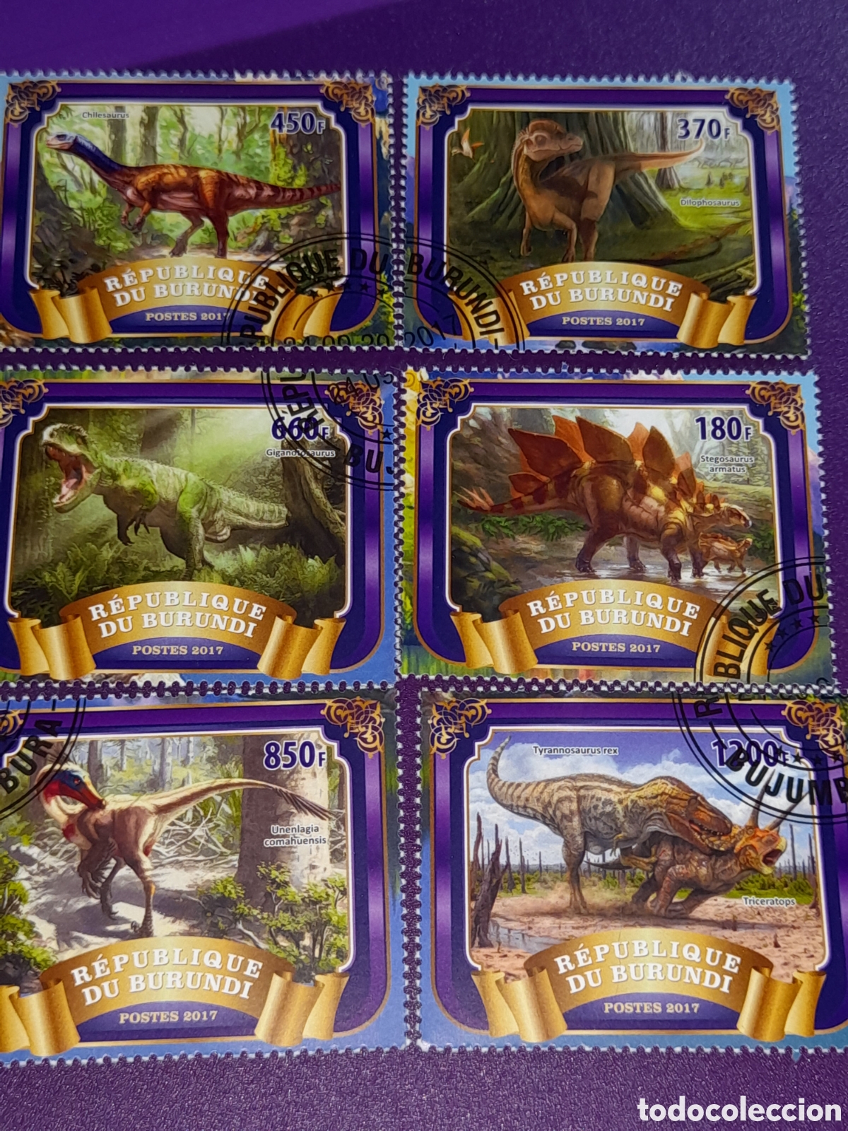 Sellos: HB Burundi mtdo 2017. Animales prehist&oacute;ricos. Dinosaurios. Fauna. Mesozoico.