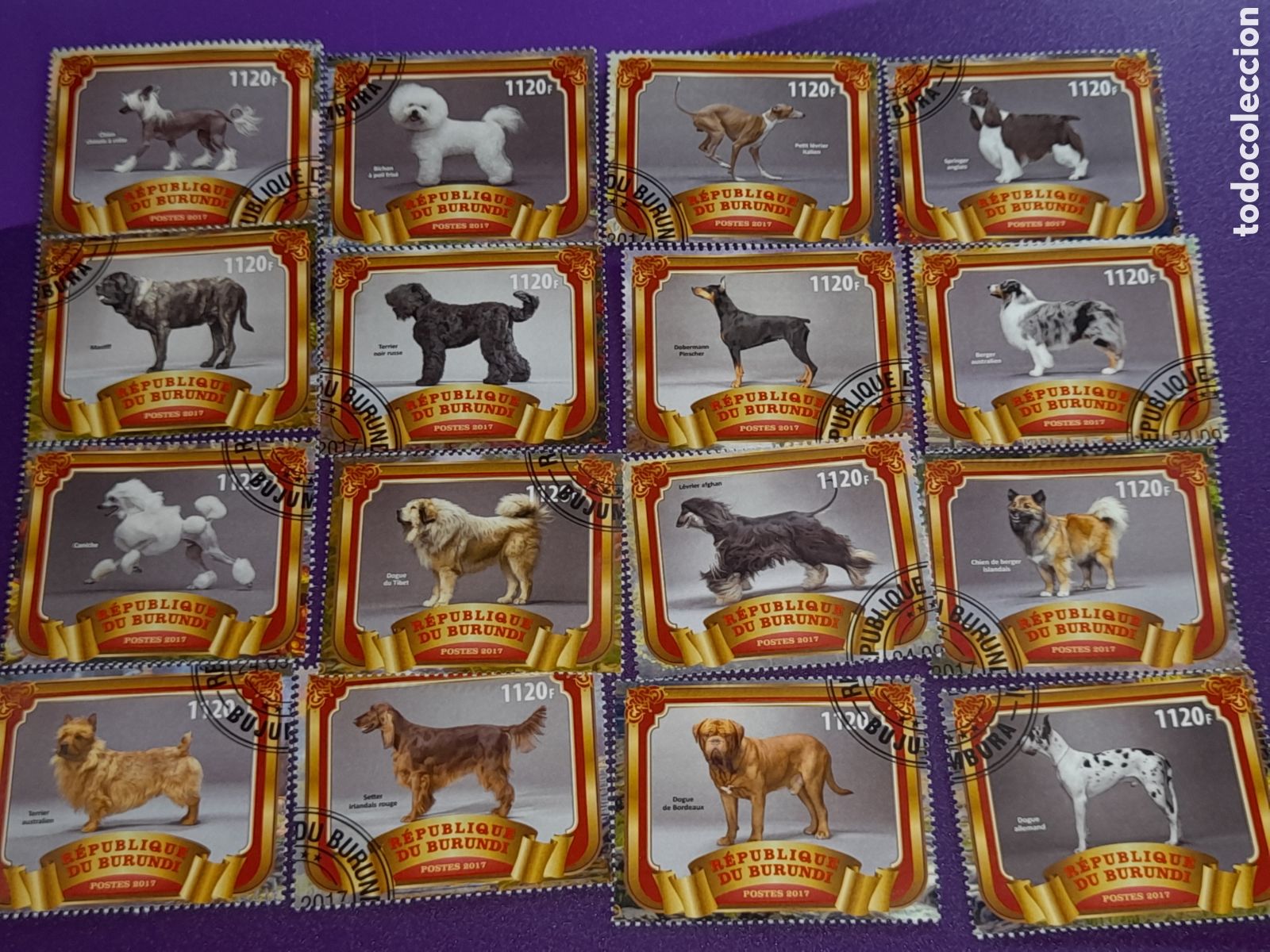 Sellos: Sello Burundi mtdo 2017. Animales domestico mam&iacute;fero. Perros. Fauna.