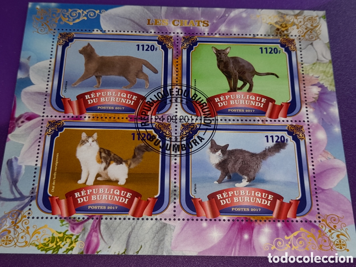 Sellos: HB Burundi mtdo 2017. Animales domestico mam&iacute;fero. Gatos. Fauna. Felinos