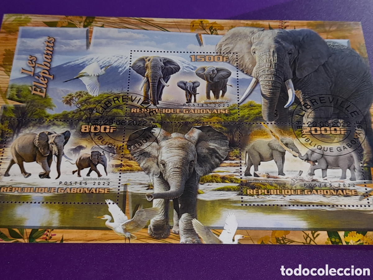 Sellos: HB Gabon mtdo 2017. Animales salvajes. Fauna sabana. Naturaleza. Monta&ntilde;as. Elefante. Aves.