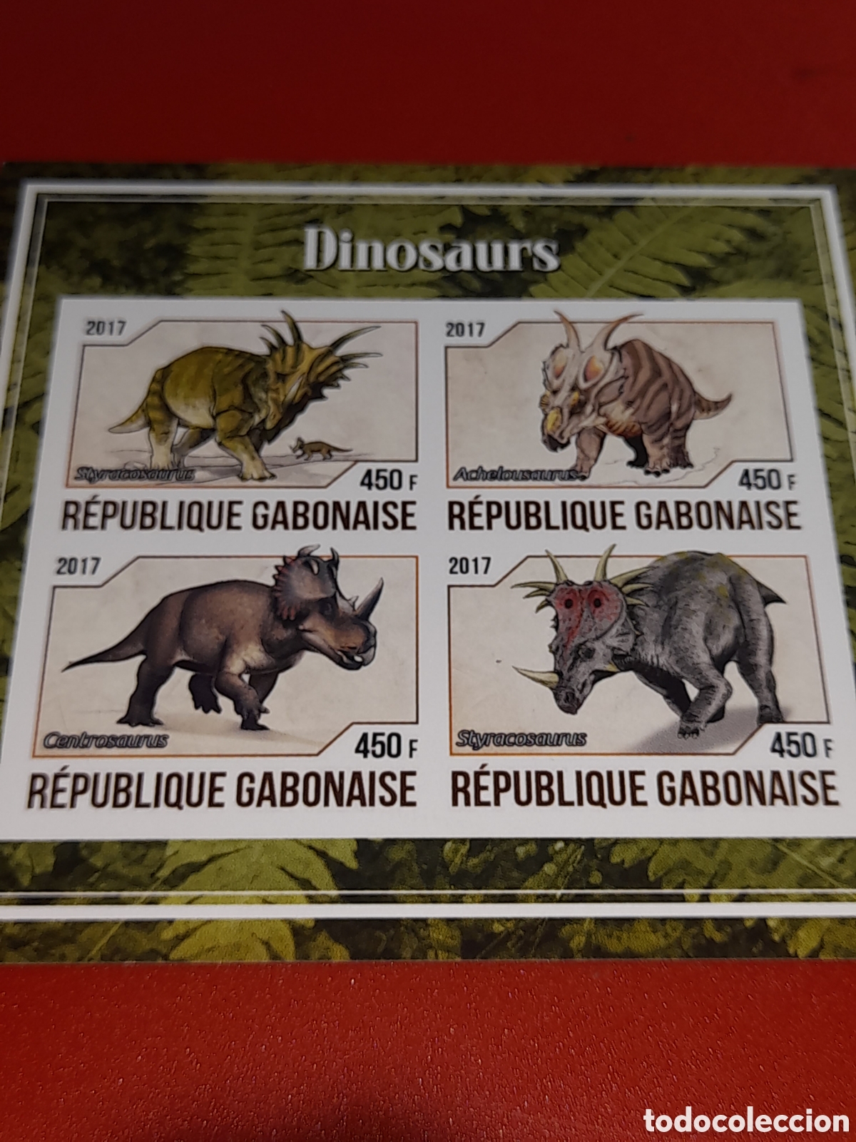Sellos: HB Gabon nuevo/sd 2017. Animales prehist&oacute;ricos. Fauna jur&iacute;dica. Naturaleza. Dinosaurio.