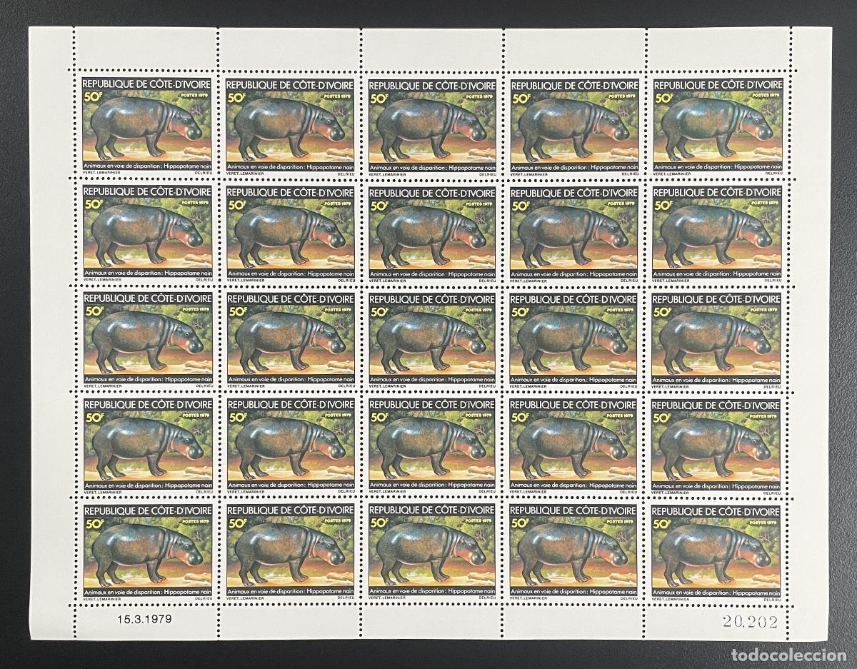 Sellos: Costa de Marfil 1979 YT 488 tabl&oacute;n animales desaparici&oacute;n hipop&oacute;tamos fauna enana