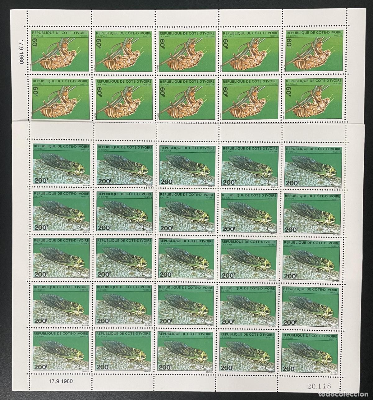 Sellos: Costa de Marfil 1980 YT 553-554 tabl&oacute;n cigarra insecto entomolog&iacute;a la fauna silvestre