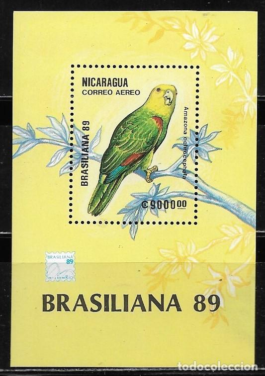 Sellos: NICARAGUA 1989, HOJA BLOQUE Ivert 190 - FAUNA - P&Aacute;JAROS -BRASILIANA 89 MNH.